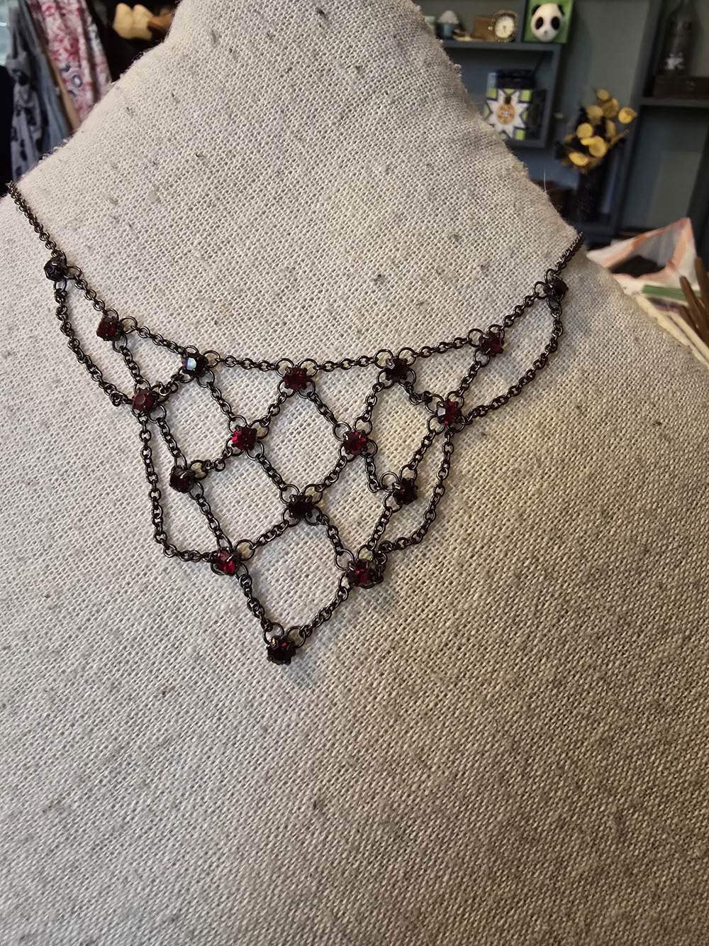Black Lace-Style Necklace with Red Gem Accents